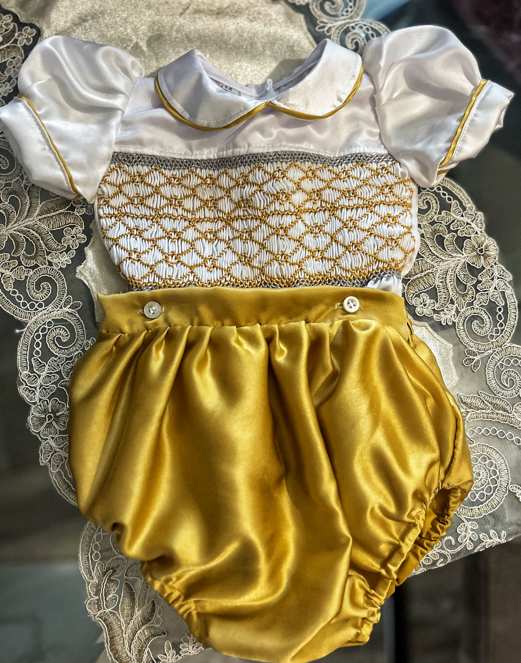 Gold satin smock in stock 12months