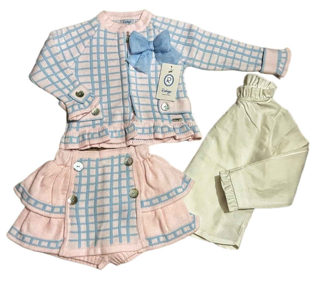 Age 3 IN STOCK RAHIGO skort blouse and jacket set pink/blue