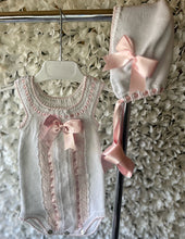 Luxury knit romper bonnet and booties   (Handmade 6-8week Leadtime)