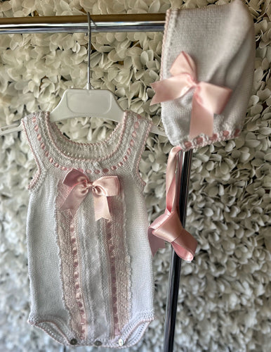 Luxury knit romper bonnet and booties   (Handmade 6-8week Leadtime)