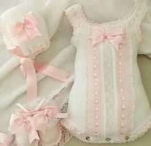 Luxury knit romper bonnet and booties   (Handmade 6-8week Leadtime)