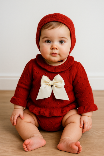 Red set With Bloomer And Bonnet  DF24022